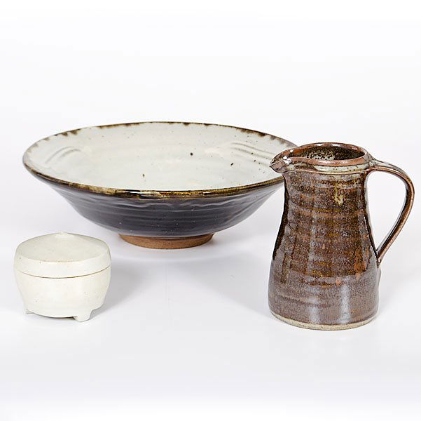 Bernard Leach (1887-1979; Hong Kong/Britain) : Bernard Leach (1887-1979; Hong Kong/Britain) Three Vessels, ca 1960s Earthenware Bowl: ht. 3.75, dia. 12.5 inches Small Pitcher: ht. 6.25, 4.5 inches Lidded Jar: ht. 2.5, dia. 3.5 inches