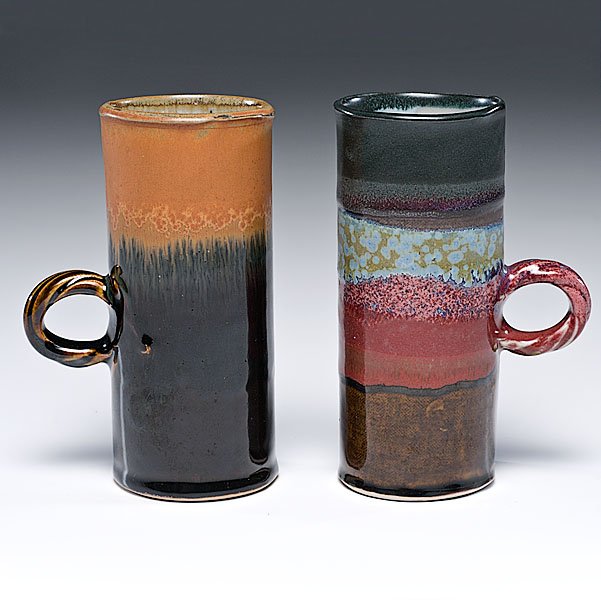 Adrian Saxe (1943, USA) : Adrian Saxe (1943, USA) Pair of Tall Mugs Porcelain Tallest; ht. 5.5, dia. 2.5 inches Incised signature on base
