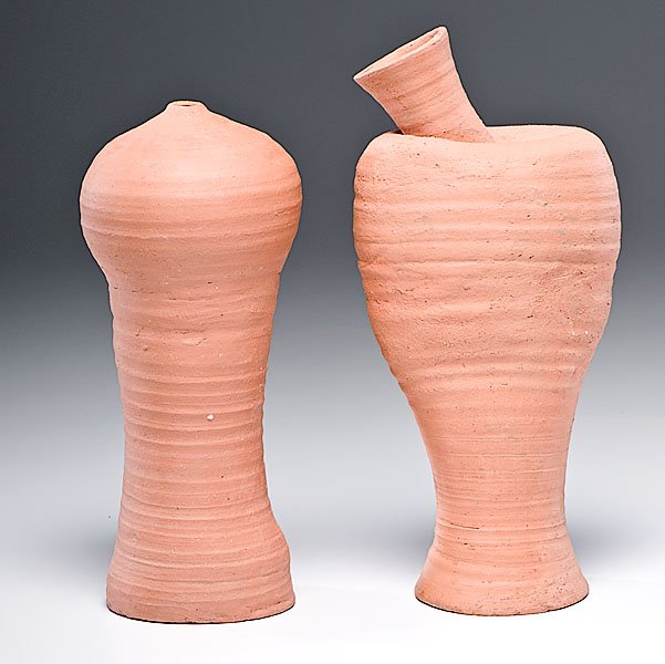 Irv Tepper (1947, USA) : Irv Tepper (1947, USA) Pair of Vase Forms c.1972 Stoneware Largest: ht. 13, dia. 6.5 inches Artist signature on base