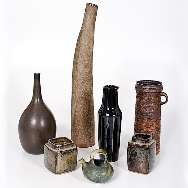 Group of Scandinavian Ceramics, Including Hovisaari and: Group of Scandinavian Ceramics, Including Hovisaari and Thebbien Group of seven vessels from various Scandinavian Artist Including: Ake Holm Bottle: ht. 12.25, dia.r 5 inches Anniki Hovisaari Tal