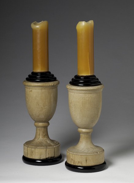 Urn Form Wood Candle Holders : Urn form turned wooden candleholders with turned ebony tops and bases. With candles; ht. of holders, 17 in.