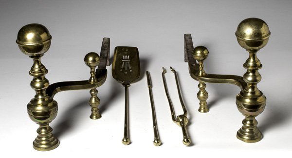 Pair of Brass Andirons, Plus : English, late 19th century. A pair of Victorian cannon ball brass andirons, PLUS a set of coal fireplace tools; lg. of each 25 in.