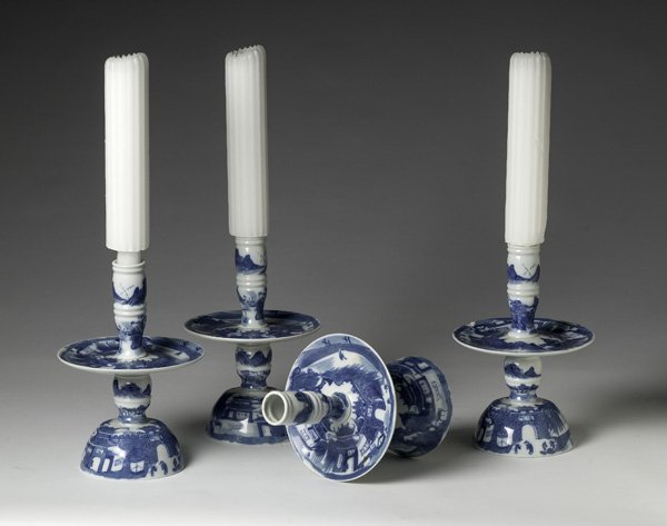 Mottahedeh Portuguese Blue and White Candlesticks : 20th century, a group of four Mottahedeh blue canton candle holders; ht. of each 9.75 in.