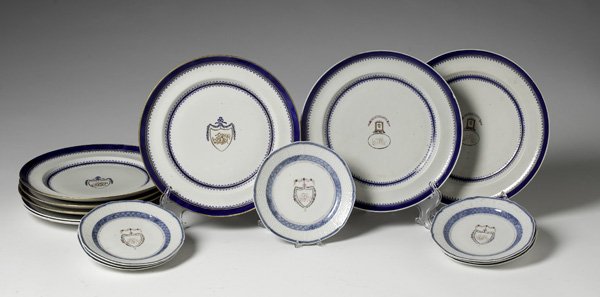 Group of Chinese Export Dinner Service Plates : Chinese export, early 19th century. A group of eight plates with crests, three having Monte Alto crests, five others with gilt decorated shields containing monograms, and made for the American market;