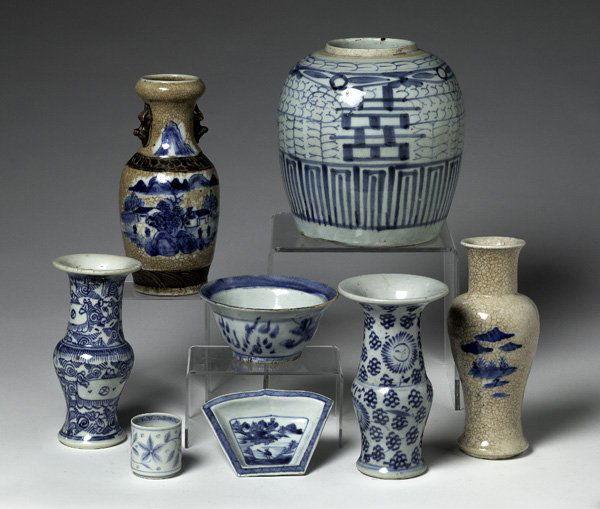 Chinese Ironstone and Porcelain : Lot of eight 19th-20th century pieces of Chinese porcelain and ironstone, includes two ironstone underglazed-blue vases and two porcelain underglazed-blue vases, a ginger jar, and three blue and whit