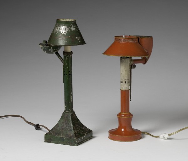 Tole Oil Lamps : American, 19th century. Two tinplate or tole oil lamps in early paint, later electrified; ht. of tallest , 17 in.