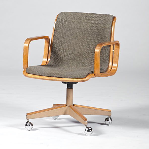 Mid-century Desk Chair : American, ca 1970s. After Charles Pollock, a bentwood armchair with upholstered back and seat on pedestal base with four legs on casters; oah. 31 in.