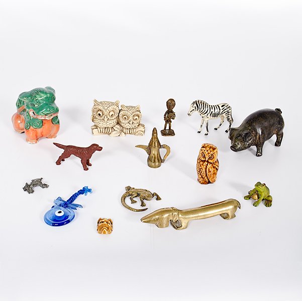 Animal Figurines : Collection of a ceramic owl, a pair of resin owls, a silvered owl, an ivory devil's mask, two metal frogs, a painted metal zebra, a plastic Irish setter, a bronze pig, a brass dachshund bottle opener
