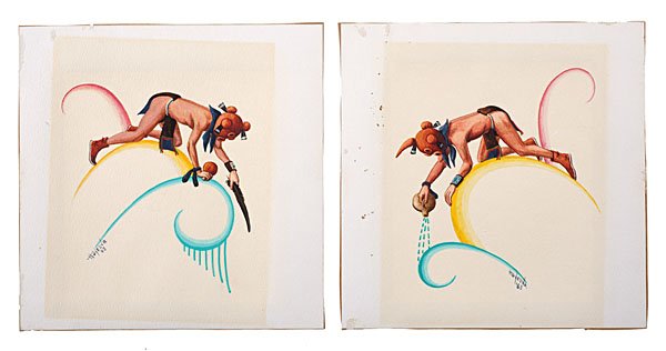 Peter Shelton (Hopi, b. 1920) Watercolors Collected by: pair of watercolors each signed Hoyesva and dated in lower left and lower right of images respectively, canvas size 7.5 in. x 7.5 in. 1963 JOHN S. BOYDEN, Sr., J.D. (1906 -1890) As a boy, grow