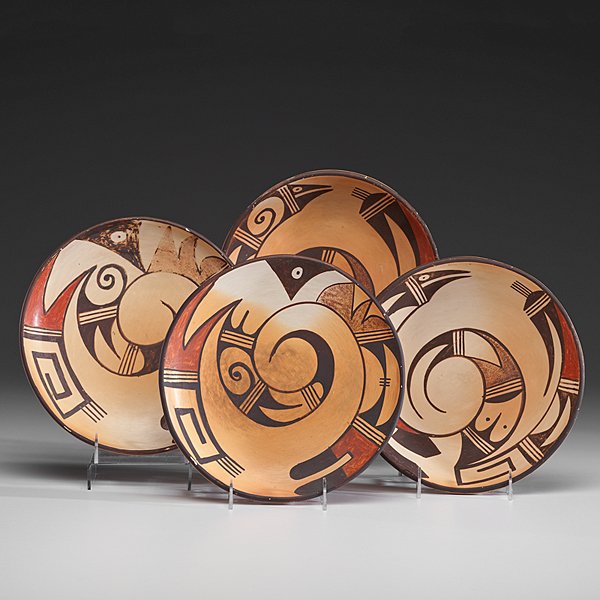 Hopi Shallow Bowls Collected by John S. Boyden, Sr.: lot of 4, includes two pairs of bowls with each set decorated with a swirling design, one suggestive of a fish and the other suggestive of a bird, heights 2 in. x 9.5 in. AND 1.5 in. x diameter 9.75 i