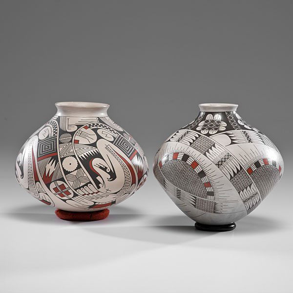 Humberto Ponce (Mata Ortiz, b.1924-) and Mauro Quezada: lot of 2, including one by Humberto Ponce, potted with bulbous body and short neck, height 7 in. x diameter 8 in.; AND one by Mauro Quezada, height 8 in. x diameter 8 in. late 20th century