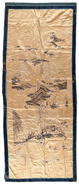 Fine Chinese Embroidered Altar Cover : Chinese, ca 1880. An altar cover finely embroidered with a landscape on a gold apricot ground; 68 x 28 in. Ex Collection of Dr. Herman Charles and Jannette Groman of Hammond, IN. Dr. Charles (18