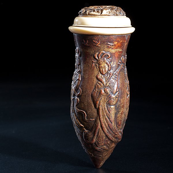 Chinese Cricket Cage : Chinese, late 19th century. A gilt gourd cricket cage, the outside molded with Guanyin figural scenes in relief, having a pierced, ivory top, unmarked; lg. 6 in.