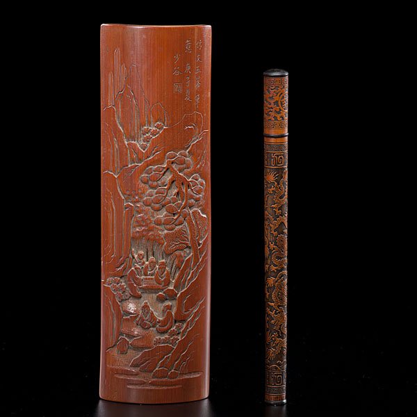 Chinese Bamboo Wrist Rest and Incense Tube : Chinese, 20th century. Including a bamboo scholar's wrist rest, dense bamboo and well carved, inscription upper right. Also a relief carved bamboo incense tube; lg. of rest 10.25 in.