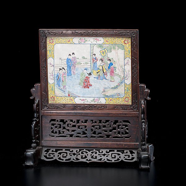 Chinese Canton Enamel and Rosewood Table Screen : Chinese, 19th century. A Canton enamel plaque, with courtly scene, housed in a carved and fitted rosewood frame; ht. 13.75 in.