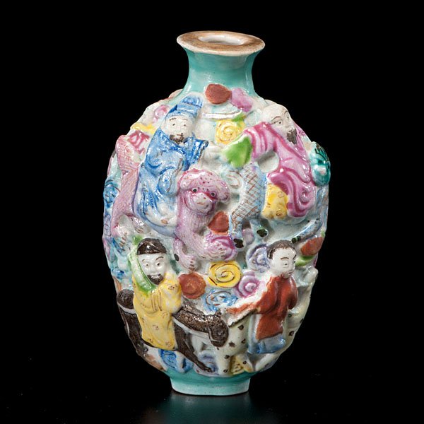 Chinese Paste Snuff Bottle : Chinese, late 19th century. A paste applied porcelain bottle, marked to underside; ht. 3.5 in.