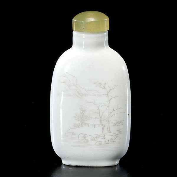 Chinese White Porcelain Calligraphic Snuff Bottle : Chinese, 19th century. A white porcelain snuff bottle, small inked landscape decoration to one side, miniscule calligraphy to other side, finely detailed. Agate stopper; ht. 3 in.