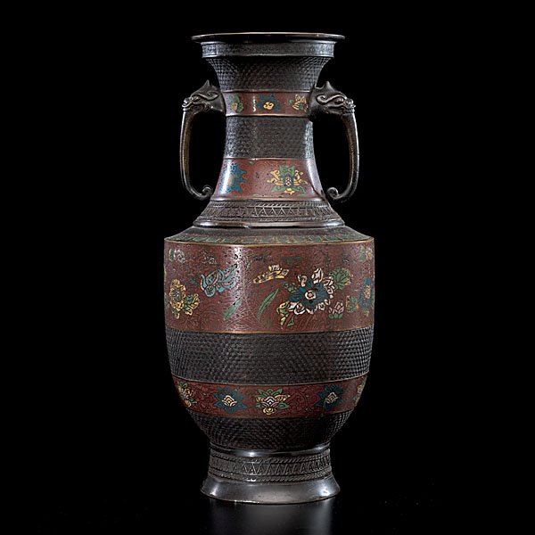 Chinese Bronze and Champleve Vase : Chinese, ca 1890. A champleve vase with decorations of flowers on a brick red ground, ht. 22 in.