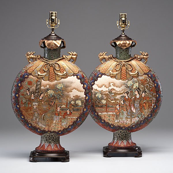 Japanese Satsuma Lamps : Japanese, 20th century. A pair of Satsuma vases fitted as lamps, with polychrome figural decoration, on square footed vases; vase ht. 21 in.