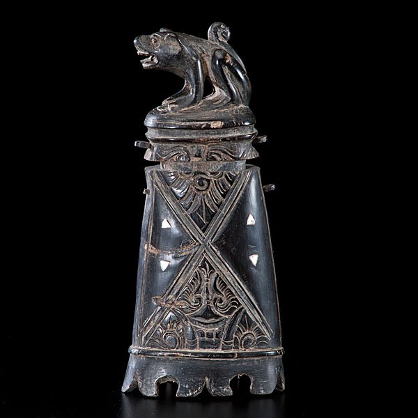 Polynesian Incense Holder : Early 20th century. An incense holder with mother of pearl inlay; ht. 7 in.