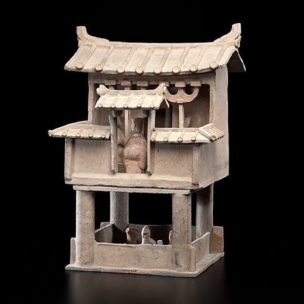 Han Tower : Chinese, probably Han Dynasty. Terra cotta; ht. 32 in. Presented with a custom, lucite stand. Also, with test papers from Toledo Art Museum, authenticating its age as Han dynasty.
