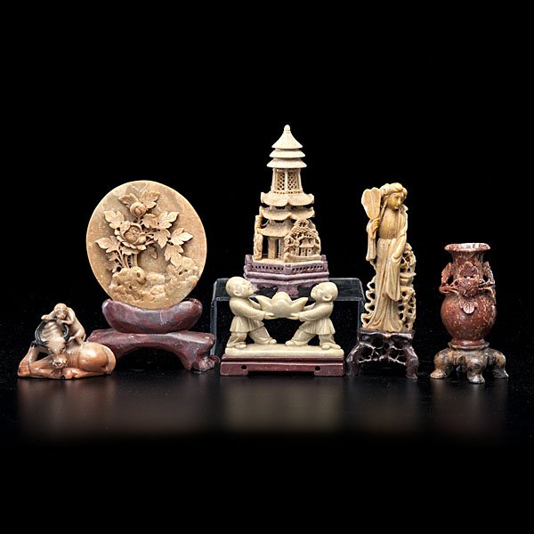 Chinese Soapstone Carvings : Chinese, 20th century. A group of soapstone carvings, some unusual forms including a plaque, tower and a disk stand; ht. of tallest 6.5 in.