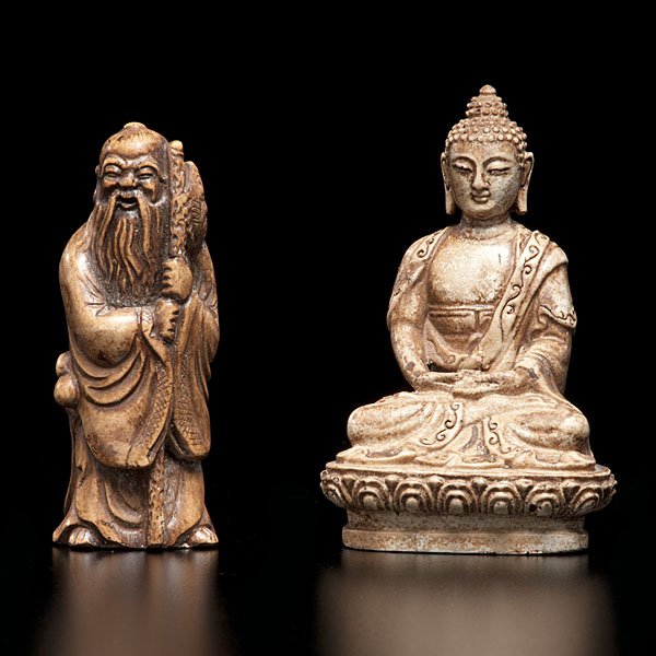 Pair of Chinese Soapstone Carvings : Chinese, each 20th century. A pair of well carved figures, including immortal and Buddha; ht. of tallest 3.75 in.