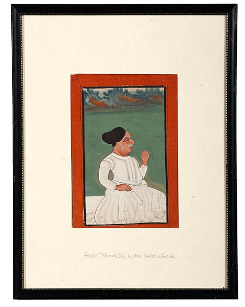 Indian Miniature Painting of a Seated Official : Indian Miniature Painting of a Seated Official India, ca 1800. A watercolor and gouache on paper, depicting seated official, named Rajput, Mandi (?) in lower margin; 8 x 5 in. (painting).