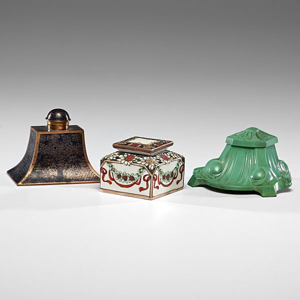 Japanese Hand-Painted Porcelain Inkwell, Plus : Japanese Hand-Painted Porcelain Inkwell, Plus Japanese. A hand-painted porcelain inkwell marked Hand Painted / Nippon, PLUS an Art Deco metal inkwell with a green surface and an Arts and Crafts blu