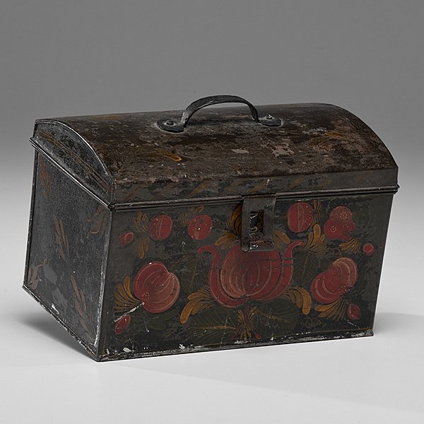 Tole Document Box Attributed to Filley : Tole Document Box Attributed to Filley American, 19th century. A floral-decorated tole box attributed to the Bloomfield, Connecticut shop of Oliver Filley with red flowers and stylized gold leaves