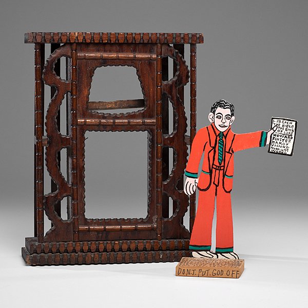 Self-Portrait Cutout and Carved Clock Case by Howard: Self-Portrait Cutout and Carved Clock Case by Howard Finster Howard Finster (American, 1916-2001). Enamel on wood, titled I Preach The Bible The Book of Life, signed Howard Finster and dated 7:59 p