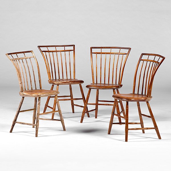 Square Back Windsor Chairs : Square Back Windsor Chairs American (Southern Pennsylvania or Maryland), 19th century. An assembled group of four side chairs with squared bamboo rod backs, conforming seats and splayed legs connec