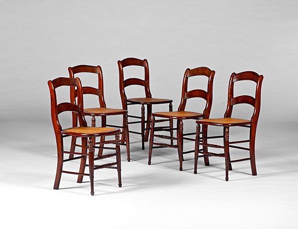 Sheraton Side Chairs with Caned Seats : Sheraton Side Chairs with Caned Seats American, 19th century. A set of five Sheraton side chairs in mahogany, each with two arched back splats, caned seats and turned legs and stretchers; oah 32.5 i