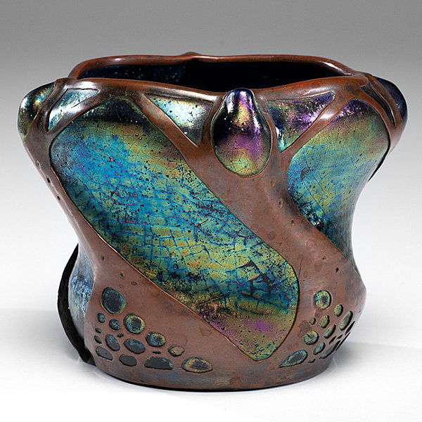Copper Overlay Art Glass Jar : Copper Overlay Art Glass Jar Continental, early 20th century. A copper overlay iridescent art glass jar, probably Loetz Secessionist Movement, with protrusions around the top edge, and copper overla