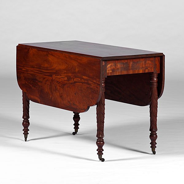 Classical Drop-Leaf Table, Rochester, NY : Classical Drop-Leaf Table, Rochester, NY American (Rochester, NY), ca 1850s. A late Classical drop-leaf table in mahogany, the leaves with scalloped corners, the legs with carved acanthus-leaf de