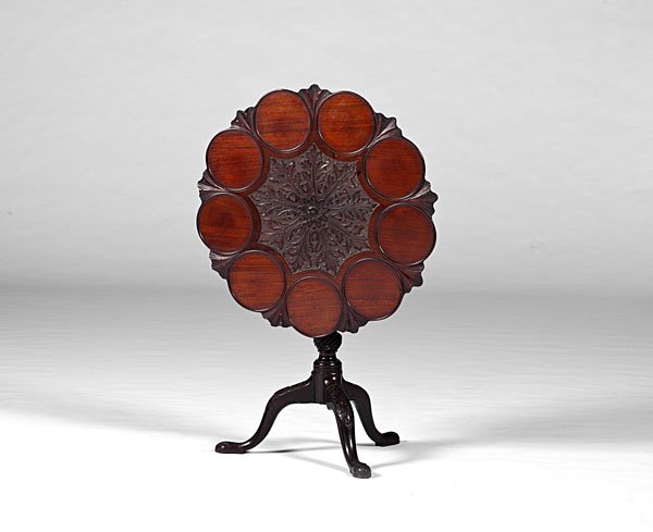 Centennial Chippendale-Style Wine Table : Centennial Chippendale-Style Wine Table English, 19th century. A mahogany Chippendale-style tilt-top tea table, the top with a scalloped edge and carved circular recesses, over a turned urn pedestal