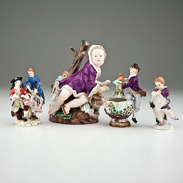 Meissen Figural Group of Ice Skaters : Meissen Figural Group of Ice Skaters German, late 19th century. A lot of four Meissen ice skating figures, including a figural vase of a skater warming his hands over a fire, a cloaked putti, a fig