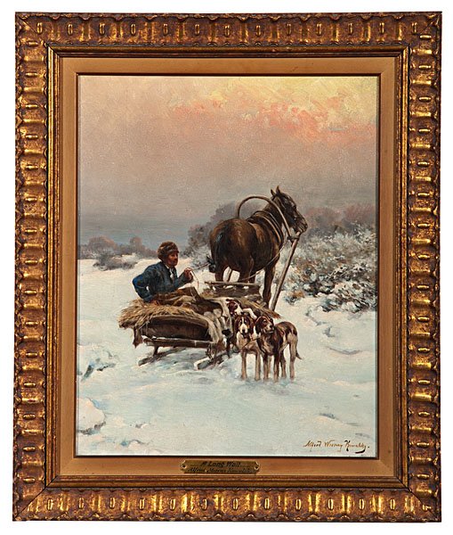 A Long Wait by Alfred Wierusz Kowalsky : A Long Wait by Alfred Wierusz Kowalsky Alfred Wierusz Kowalsky (Polish, 1849-1915). An oil on canvas depiction of a horse-drawn sled and driver accompanied by three dogs, the group stopping to rest 