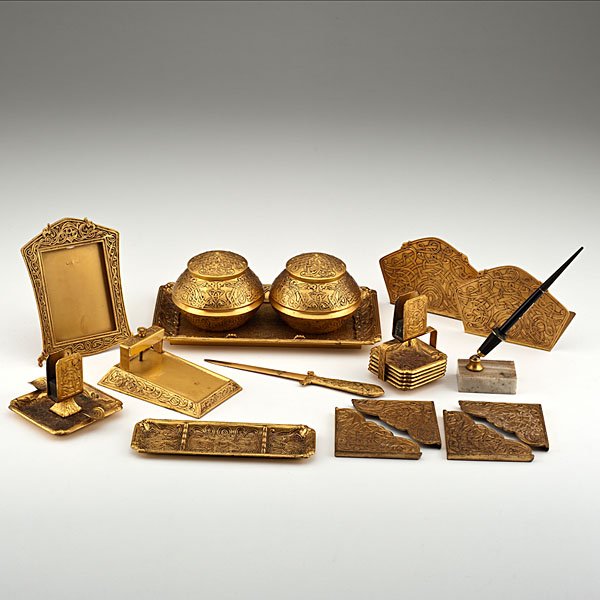 Marshall Field Art Nouveau Desk Set, Plus : Marshall Field Art Nouveau Desk Set, Plus American, 20th century. An Art Nouveau gilt bronze desk set consisting of a picture frame, a tray with two attached inkwells, a pair of bookends, four ash