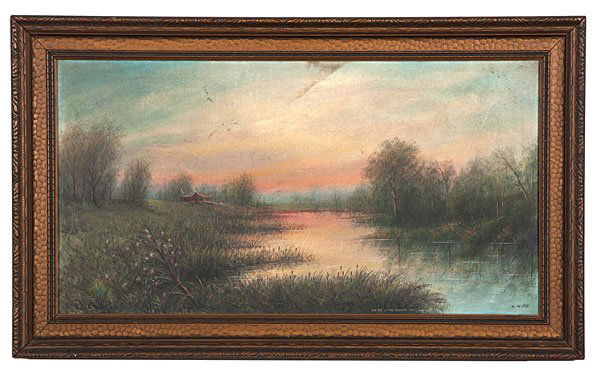 Sunset On The Marsh in Choupique, Louisiana by William: Sunset On The Marsh in Choupique, Louisiana by William Ousley William Ousley (American, 1866/70-1953). A pastel colored oil on canvas depiction of a landscape, with a river bordered on the right by