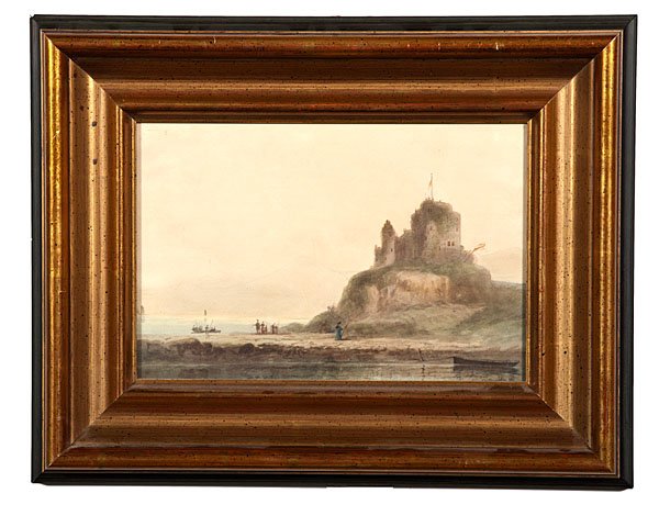 Harbor Scene by Edward Henry Potthast II : Harbor Scene by Edward Henry Potthast II Edward Henry Potthast II (American, 1880-1941). A watercolor depiction of a harbor scene, with a medieval castle situated on top of a hill, having groups of 