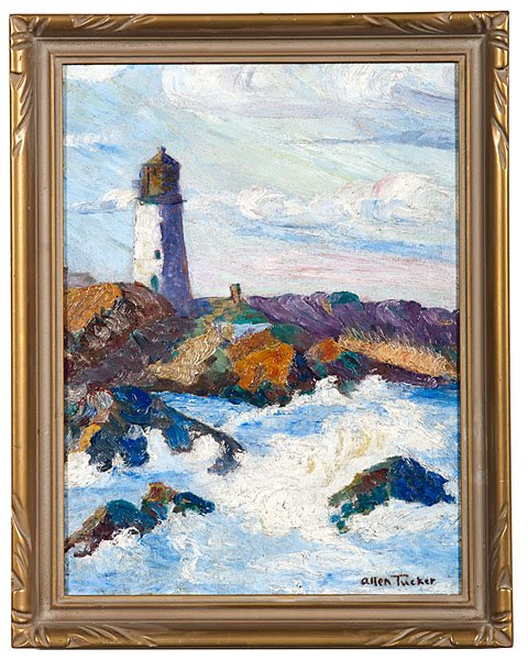 Coastal Lighthouse by Allen Tucker : Coastal Lighthouse by Allen Tucker Allen Tucker (American, 1866-1939). A colorful and textured oil on board of a coastal lighthouse scene, with frothy waves butting against a rocky shore, in a carve