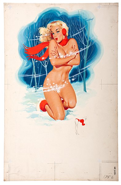 Winter Pin-Up Calendar Girl by Bill Randall : Winter Pin-Up Calendar Girl by Bill Randall Bill Randall (American, b. 1911). Dated May, 1954 on stamp. Gouache on illustration board, with a "snow bunny" in boots and a small watercolor in the