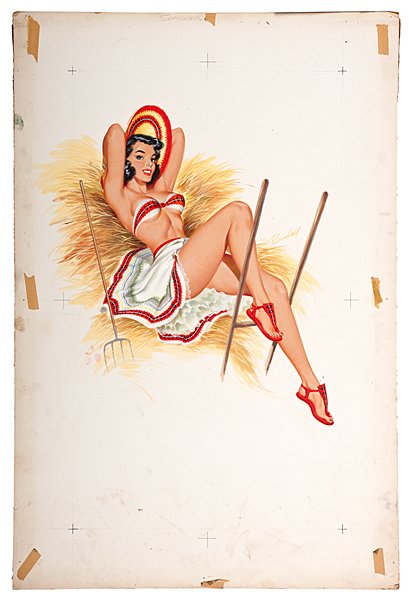 September Pin-Up Calendar Girl by Bill Randall : September Pin-Up Calendar Girl by Bill Randall Bill Randall (American, b. 1911). Early 1950s. Gouache on illustration board, titled in graphite u.c. and signed r.c., featuring a playful figure i