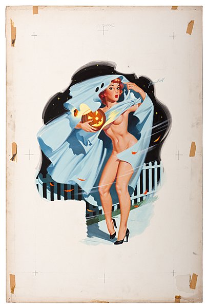 October Pin-Up Calendar Girl by Bill Randall : October Pin-Up Calendar Girl by Bill Randall Bill Randall (American, b. 1911). Early 1950s. Gouache on illustration board, with a girl holding jack-o'-lantern, titled u.c and signed u.r.; board