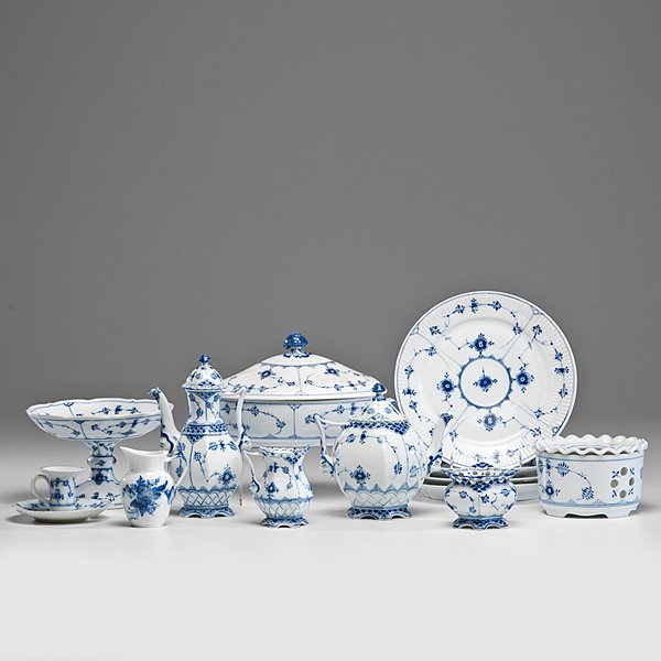 Royal Copenhagen Blue Fluted Partial Service : Royal Copenhagen Blue Fluted Partial Service Danish, 20th century. A twelve piece Royal Copenhagen partial service in the Blue Fluted pattern, including four dinner plates, one footed compote, lidde