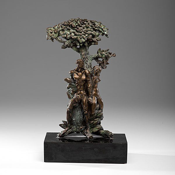 Bronze Adam and Eve by Frank Eliscu : Bronze Adam and Eve by Frank Eliscu Frank Eliscu (American, 1912-1996), 20th century. A bronze sculpture of Adam and Eve in the Garden of Eden with the serpent, mounted on a rectangular base, sign
