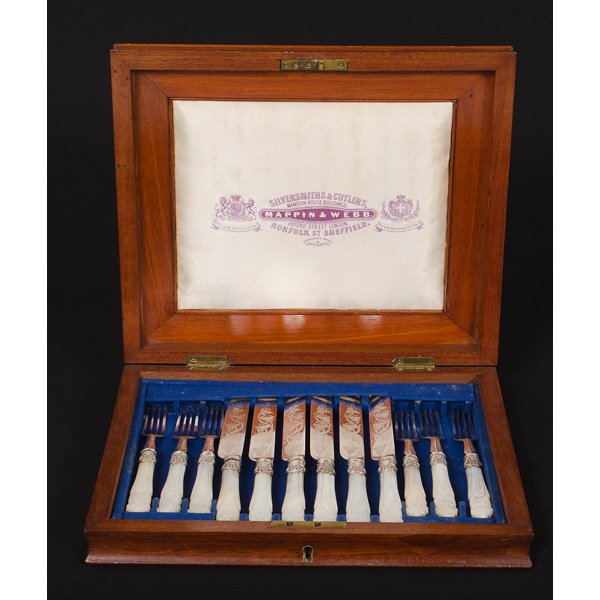 Mappin & Webb Fruit Service for 6, Boxed : Mappin & Webb Fruit Service for 6, Boxed A Mappin & Webb nickel plated fruit service for six, with mother of pearl handles. Includes box; knife lg. 8.5 in., fork lg. 7 in.