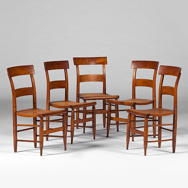 Five Caned Side Chairs : Five Caned Side Chairs American, 19th century. Five caned side chairs with straight-backs; oah 34.25