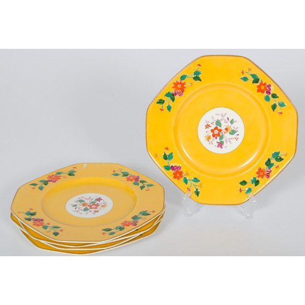 George Jones Octagonal Dessert Plates : George Jones Octagonal Dessert Plates English, 20th century. Group of five George Jones & Sons octagonal dessert plates having bright yellow ground with molded floral accents. Marked on bottom: Cres